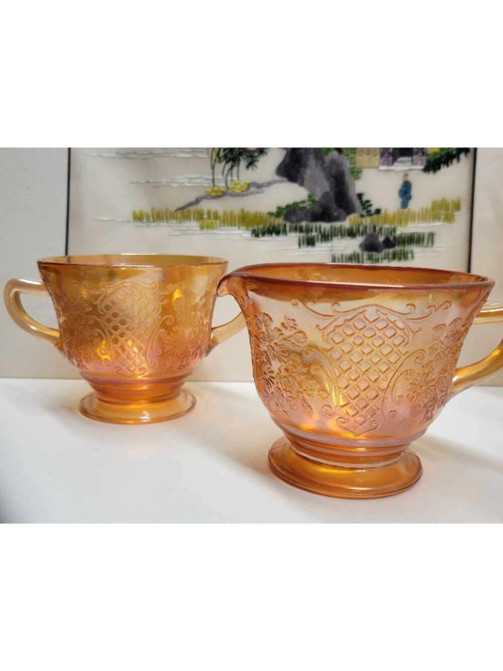 Normandie Iridescent Carnival Glass Sugar & Creamer Set Federal Glass Vintage